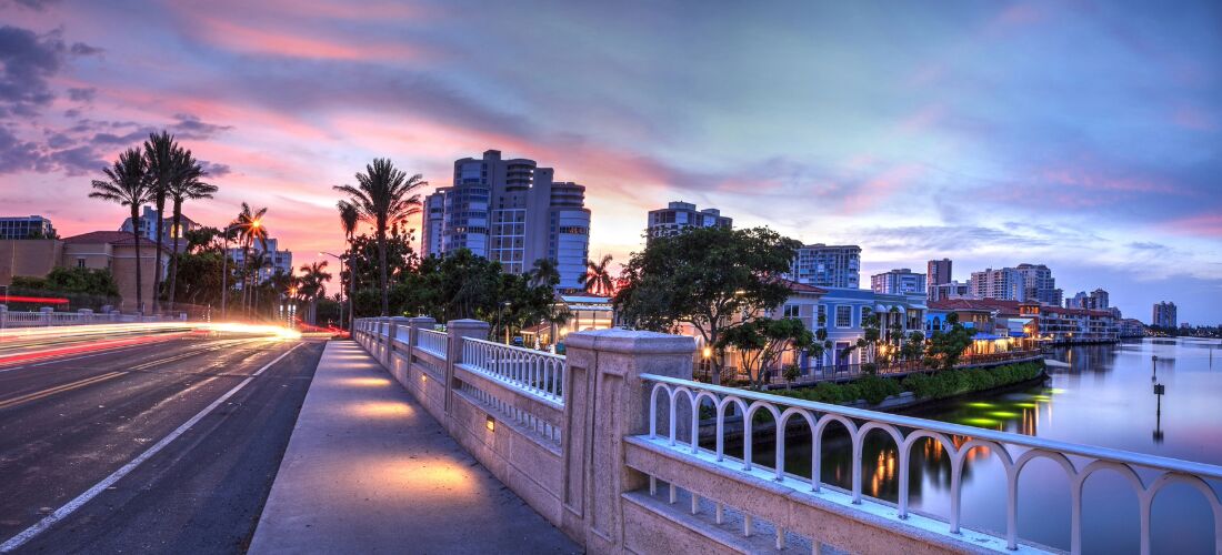 View of street in Florida at sunset View of street in Florida at sunset