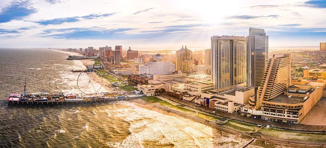 Atlantic City, NJ aerial panorama of Atlantic city along the boardwalk