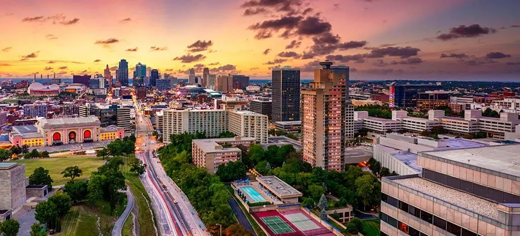 Aerial view of Kansas City, Missouri skyline at dusk Aerial view of Kansas City, Missouri skyline at dusk