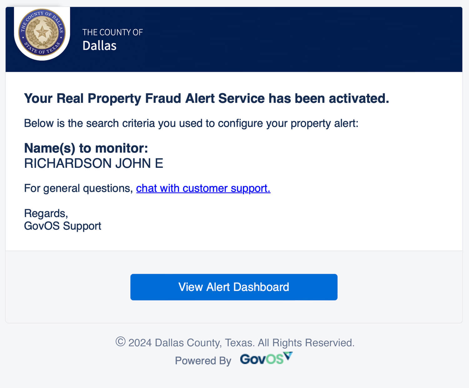 GovOS Property Alert Email Notification - Dallas County, TX