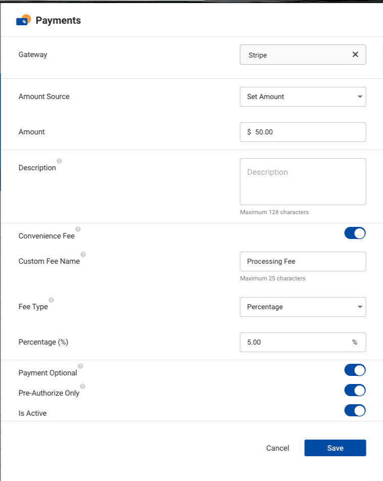 A screenshot of the backend of the SeamlessDocs Payments feature.