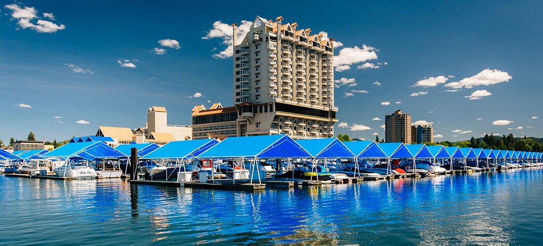 Marina and buildings along Lake Coeur d'Alene in Idaho