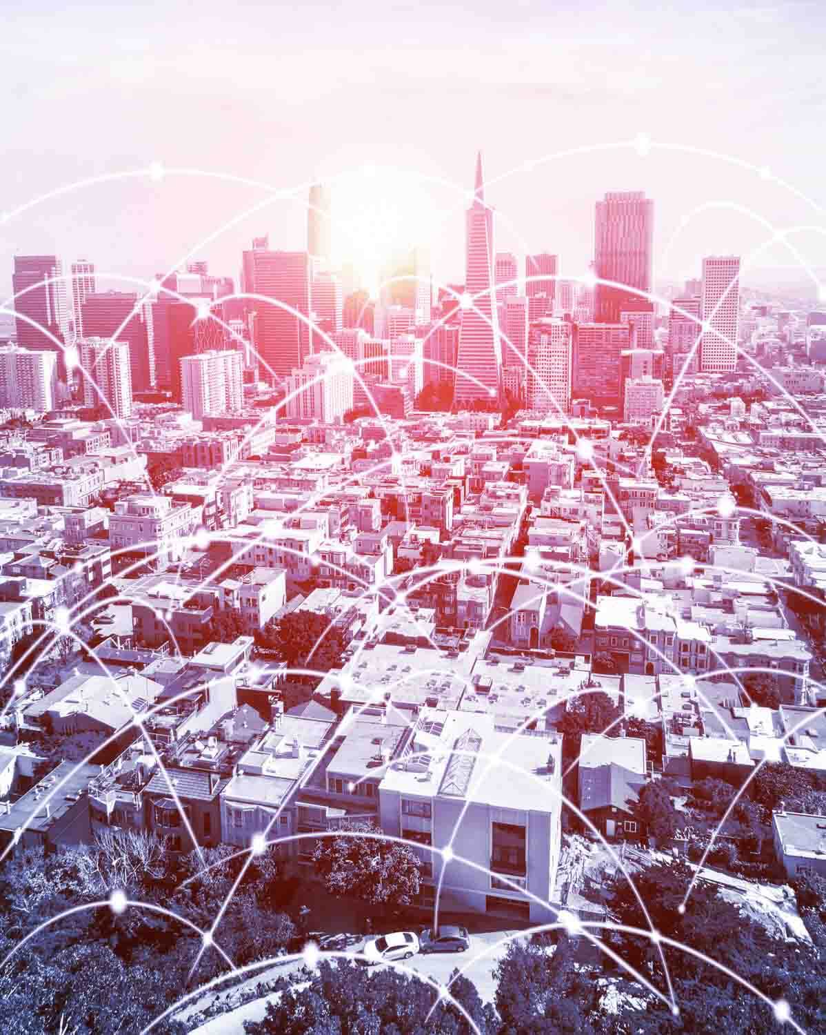 City skyline with networking data points