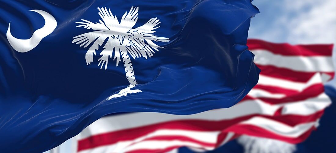 South Carolina State Flag The South Carolina state flag waving along with the national flag of the United States of America