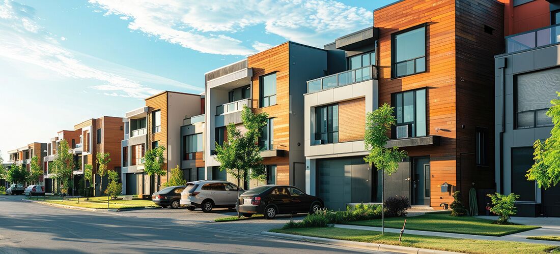 Modern private townhouses in residential neighborhood Modern private townhouses in residential neighborhood