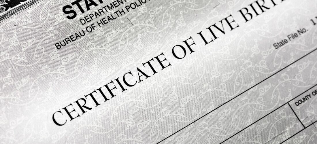 Close up of a birth certificate