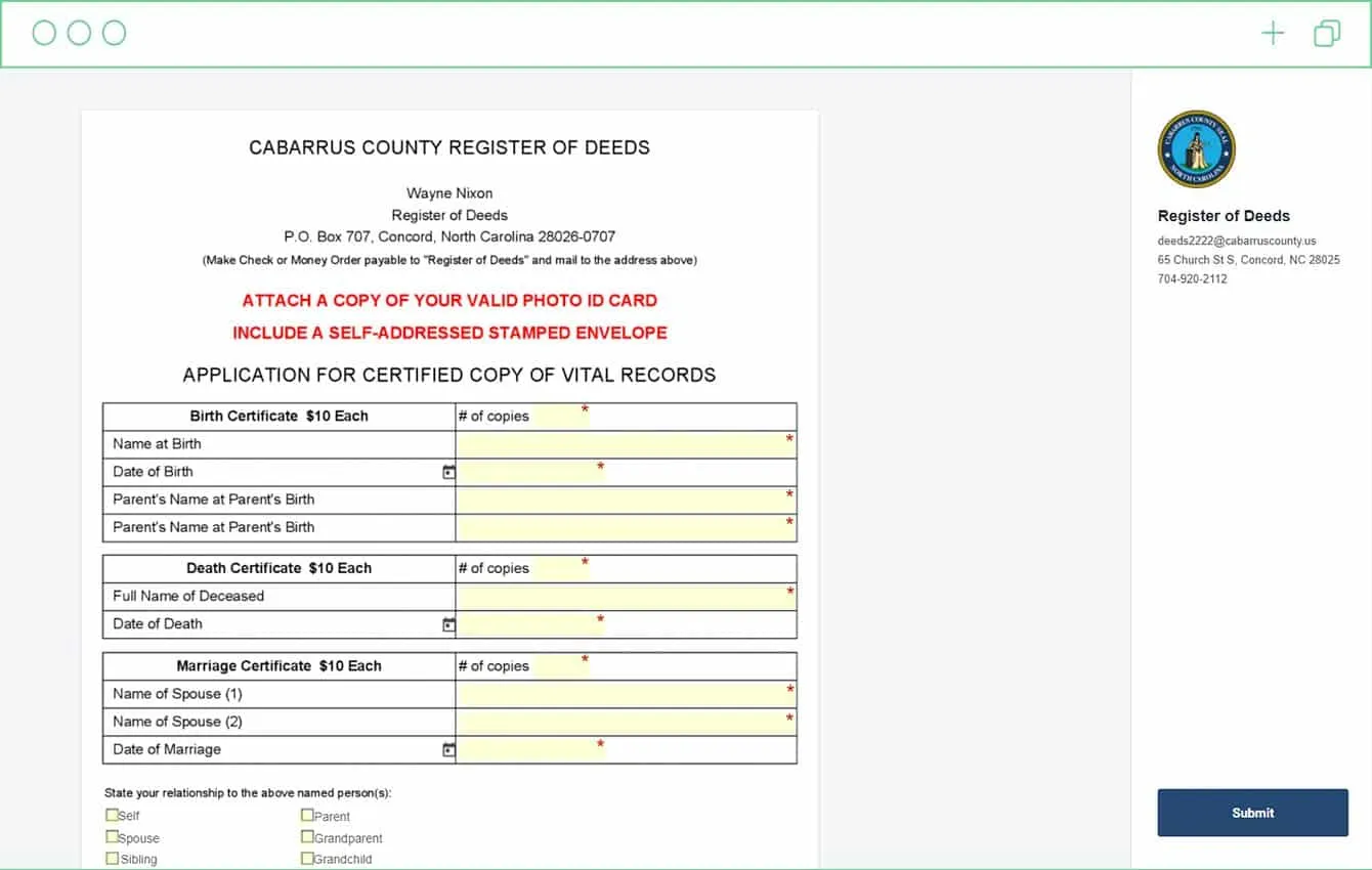 Certified Vital Records Form