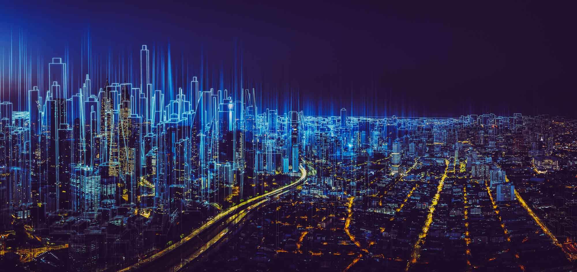 Sketch overlay of a cityscape at night.