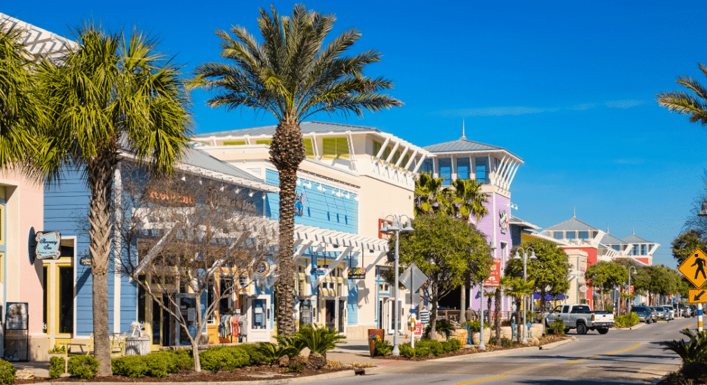 View-of-colorful-storefronts-in-Downtown-Panama-City-Beach-FL