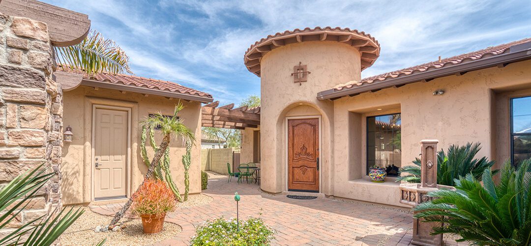 Exterior view of Spanish Southwestern style home in Arizona