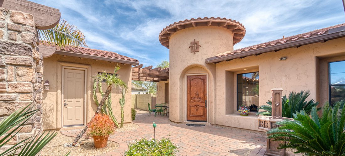 Exterior view of Spanish Southwestern style home in Arizona