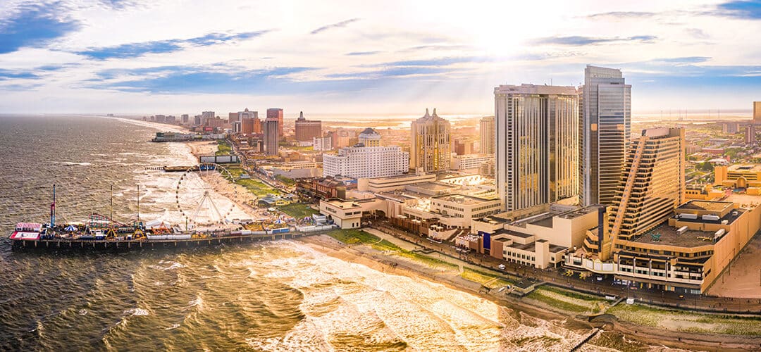 aerial panorama of Atlantic city along the boardwalk