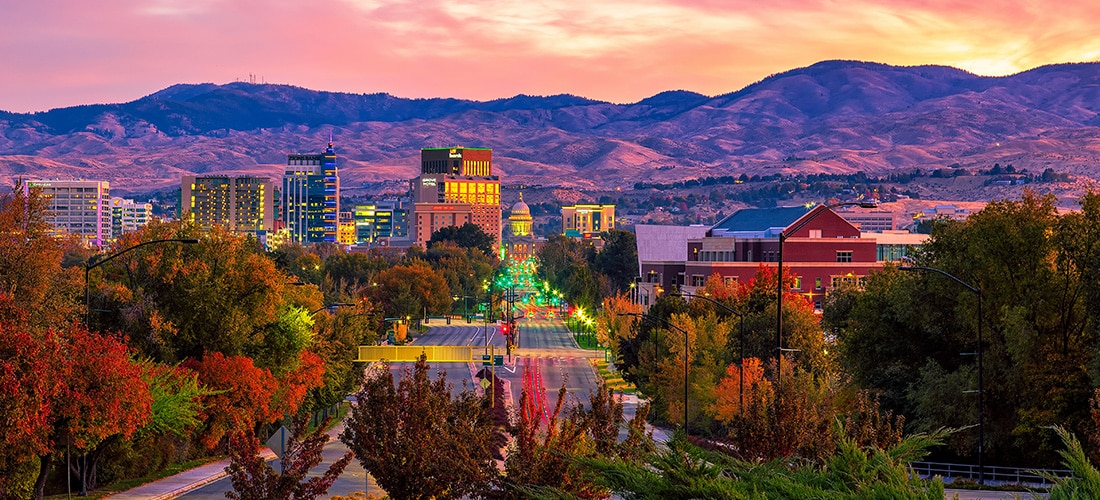 Boise Idaho skyline morning sunrise with light street traffic