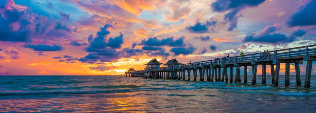 View of a pier and bridge on the sea in Florida