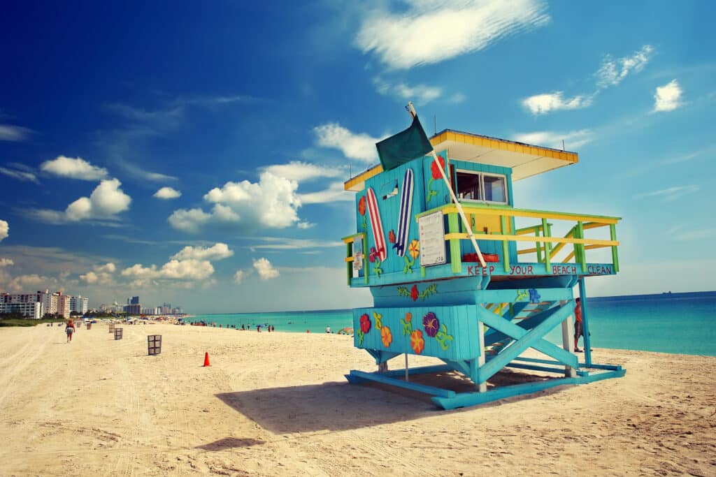 Colorful lifeguard station tower on a Florida beach