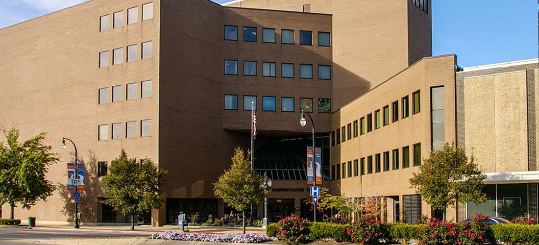 view of McLean County government building in Bloomington, IL