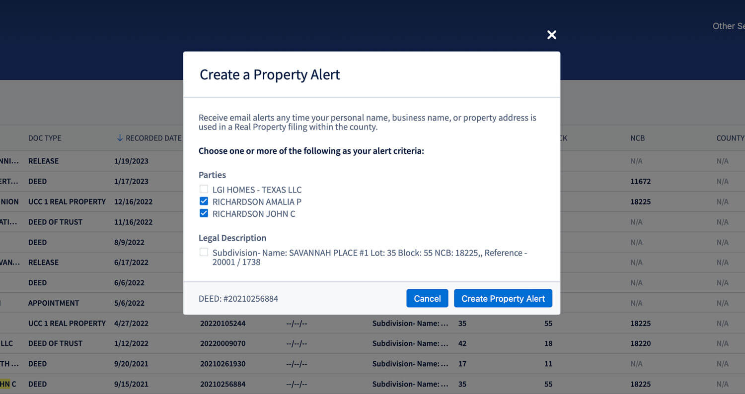 Property Alert creation setup
