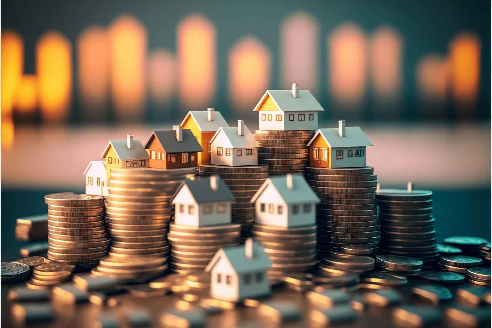 Model houses on top of stacked coins