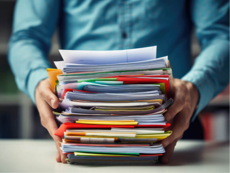 Person handling a stack of papers