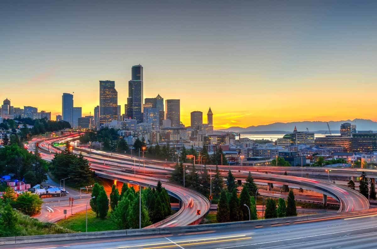 Downtown Seattle highway aerial view Downtown Seattle highway aerial view