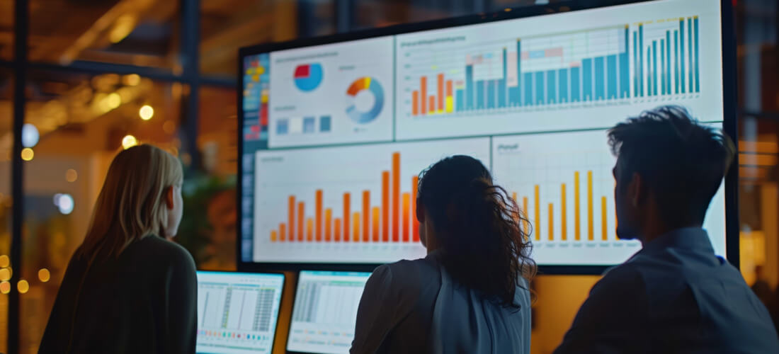 Professionals in a meeting discuss data analytics